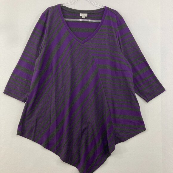 Avenue size 22/24 Purple Gray Striped Asymmetric V Neck 3/4 Sleeve Tunic Office - Picture 1 of 10
